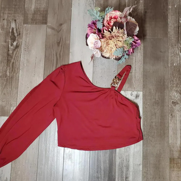 SHEIN Curve Red and Gold Crop Top Blouse Size 0XL Chain Detail NWOT - Picture 14 of 15